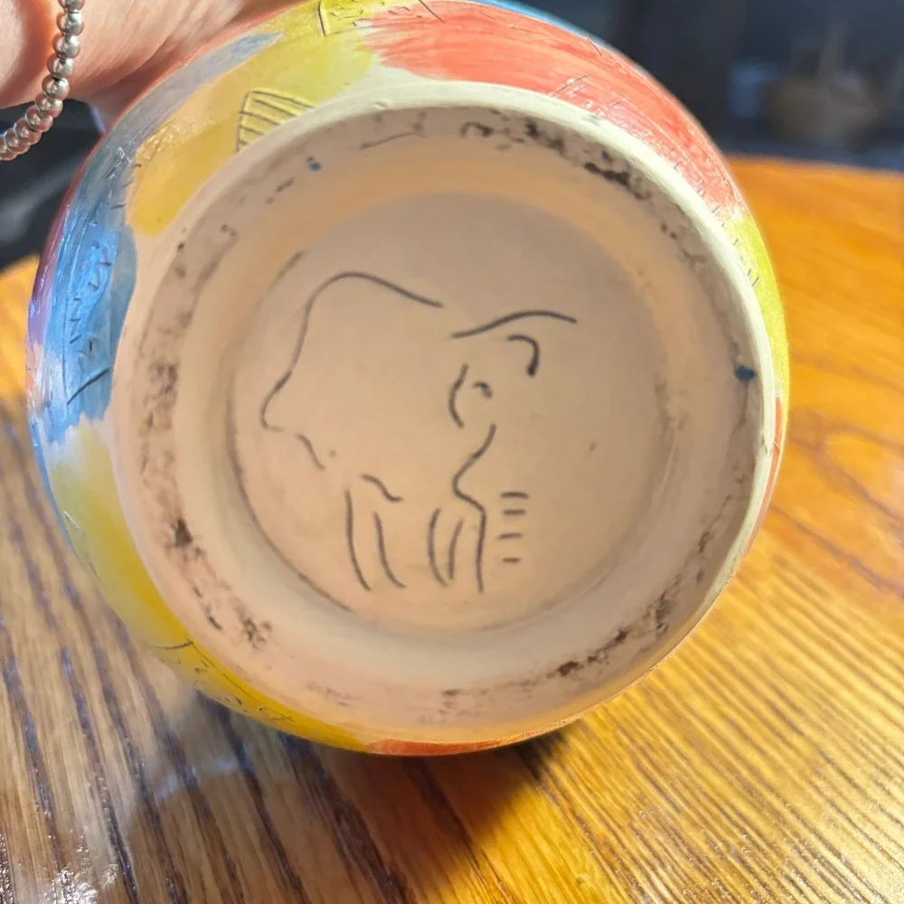 Studio Pottery Memphis Style Geometric Abstract Ceramic Vase Hand Painted Yellow